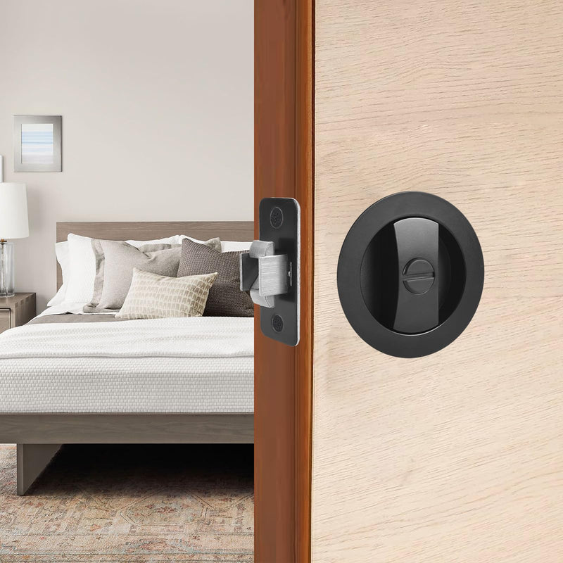 Matte Black Pocket Door Lock Zinc Alloy Pocket Door Latch, Double-Sided Sliding Door Handle Invisible Keyless Flush Pocket Door Hardware for Privacy Sliding Door, 2-3/8" Backset (Round) Round