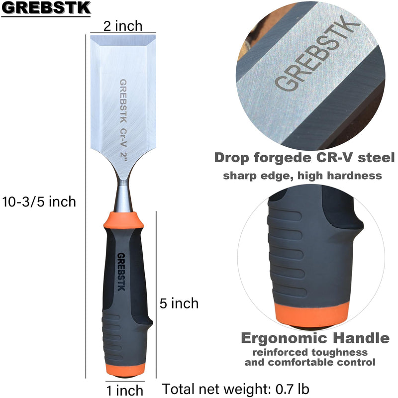 GREBSTK 2 inch Professional Wood Chisel for Woodworking, CR-V Steel Bevel-Edge Bench Chisel, Comfortable Extra Large PVC High Impact Handle