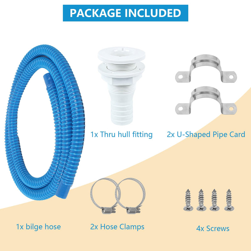 3/4 Inch Dia Marine Bilge Pump Hose,6 FT PVC Bilge Pump Hose, Bilge Pump Installation Kit with 3/4 Inch Thru Hull Fitting,Include Stainless Steel Clamps and U-Shaped Pipe Card (Blue) 3/4in - 6ft Blue Hose