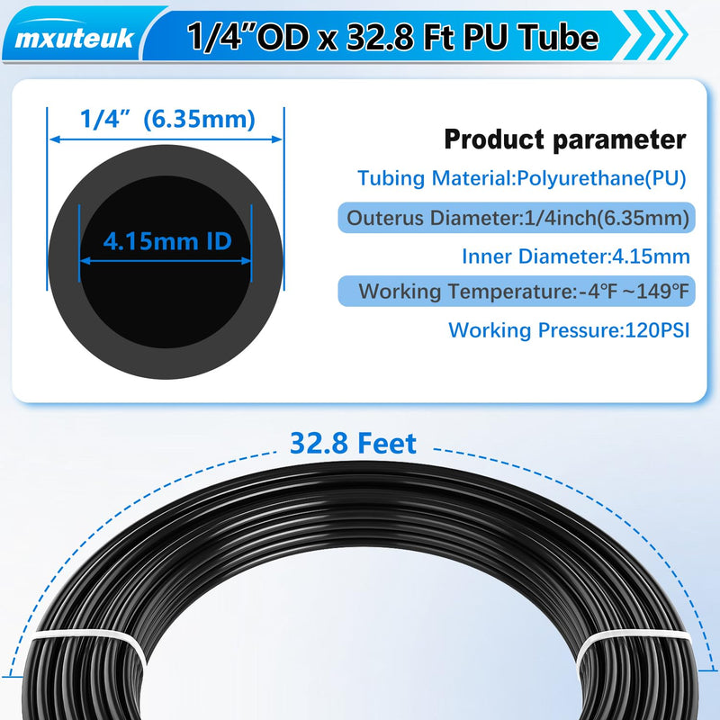 mxuteuk 1/4" Air Hose Fittings,1/4" Air Line Fittings,1/4"(6.35mm) OD x 32.8 Feet PU Tube and 1/4" OD Push to Connect Fittings(15PCS)