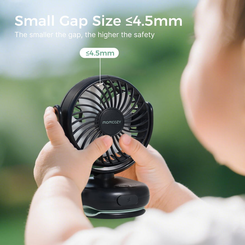 Momcozy Portable Stroller Fan with Clip | 4-Speed Mini-Fan for Carrier | Personal Fans Ultra Light 0.26lb | Gaps ≤4.5mm | Handheld Cooling | Rechargeable Rotate for Diaper Backpack/Table/Chair Black