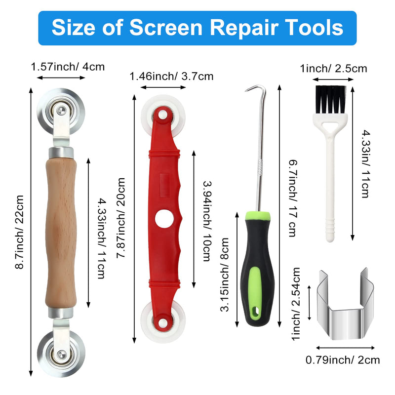 Window Screen Repair Kit Mesh Screen Spline Roller Repair Tools Kit with Screen Installer Clips, Metal and Plastic Spline Fixing Tool Kit for Window Screen