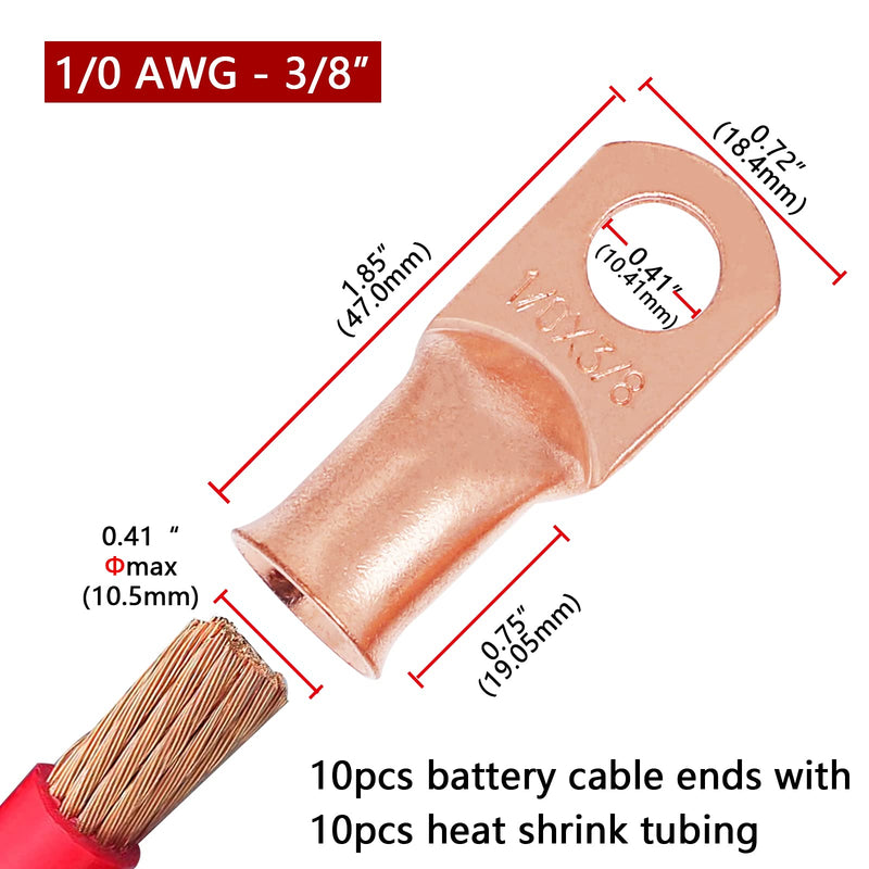 TKDMR 10pcs 1/0 AWG-3/8 Battery Lugs,Heavy Duty Wire Lugs,Ring Terminals,Battery Cable Ends,0 Guage terminals,Battery Terminal Connectors with 10pcs 3:1 Heat Shrink Tubing 1/0 Awg - 3/8" (M10) Ring 10