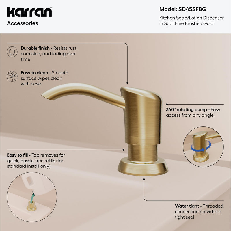 Karran SD45 Kitchen Soap Dispenser, Built-in Countertop Soap/Lotion Pump with 47" Extension Tube for Large Bottles, Dual Refill System, Commercial-Grade Durability (Spot Free Brushed Gold) Spot Free Brushed Gold