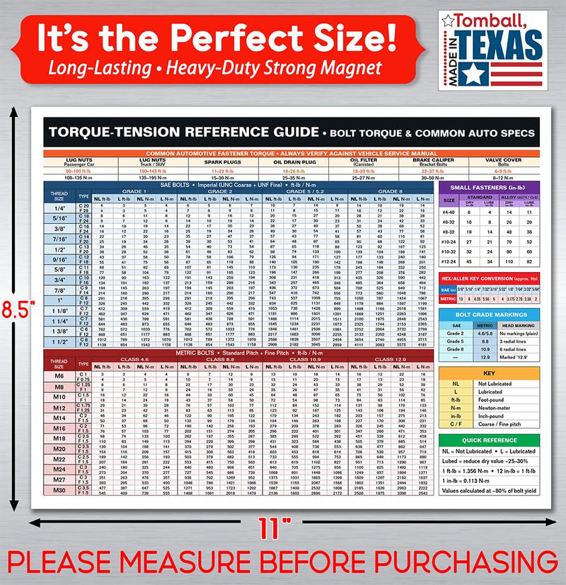 Lone Star Art Torque-Tension Reference Guide Magnet 8.5x11 Bolt Torque Chart Auto Specs for Tool Box Garage Workshop Mechanic Shop Cabinet Fastener Lookup Automotive Repair Accessory (Pack of 1)