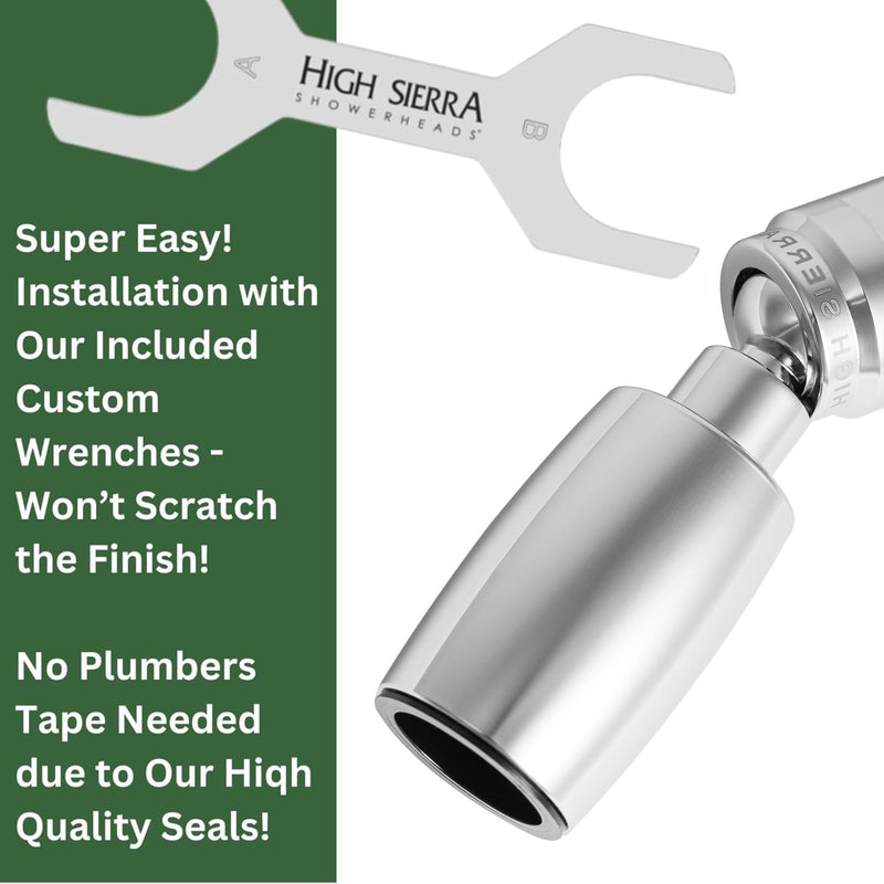 High Sierra® Classic™ Solid Metal 1.8 GPM Award Winning, Low Flow Shower Head. Patented Nozzle Never Clogs. Long Nut Hides Shower Arm Threads. Brushed Nickel Finish