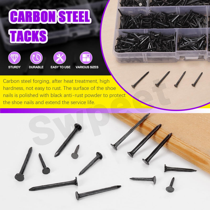 Swpeet 1200Pcs 6 Sizes 10mm/13mm/16mm/19mm/22mm/25mm Metal Nails Tacks Assortment Kit, Non-Slip Shoe Tacks Metal Hardware Nails Studs for Shoes Boots Leather Heels Soles Repairs Replacement