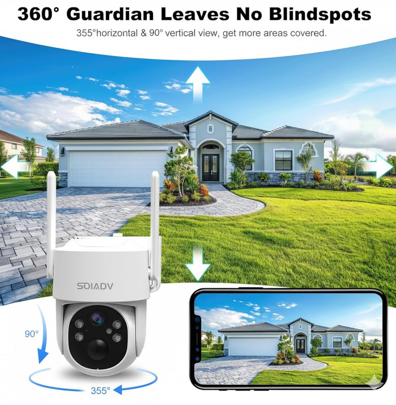 SOIADV Solar Camera for Home Security-2.4G WiFi Outdoor 2K Camera Wireless Battery Powered with Solar Panel, 360° Viewing, Two-Way Talk, Color Night Vision, with SD Storage, SC03W