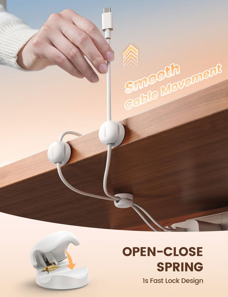 Lamicall Cord Organizer, Spring Cable Management Clips - 6Pack Compact Desk Cable Holder Clips, Nightstand Phone Charging Cord Holder, 8mm Slot Adhesive Wire Organizer, Office Accessory, White
