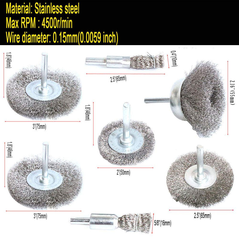 Stainless Steel Wire Wheel Brush & Crimped Cup Brush Kit for Drill,Fine Wire Diameter 0.0059 Inch,for Rotary Tool with 1/4-Inch Shank,Removal of Rust,deburring,Paint (7pcs)