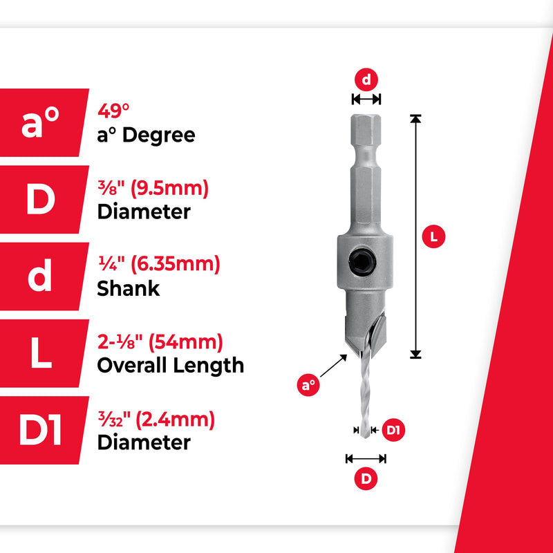 Amana Tool Carbide Tipped 82 Degree Countersink Drill Bit, 55262, 3/8 D x 49 Deg x 1/4 Quick Release Hex Shank for Wood Screw 6