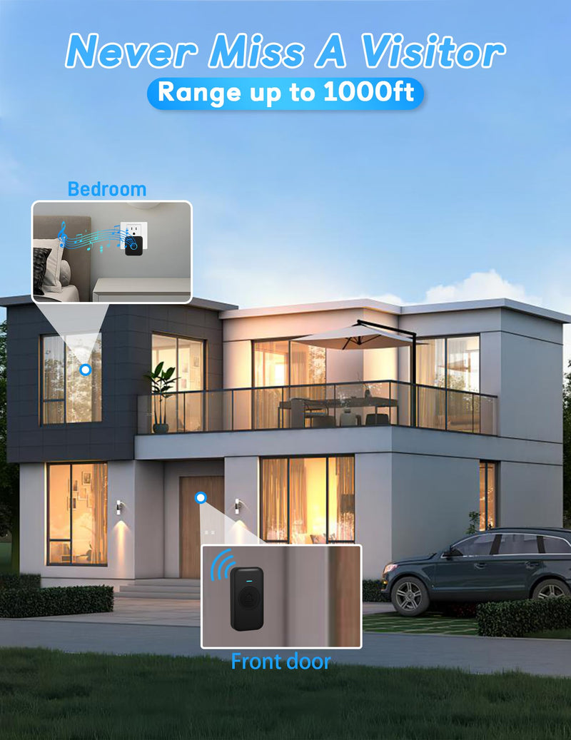 Wireless Doorbell, Waterproof Door Bell Operating at 1000ft with 60 Chimes & 5 Levels Volume for Home Classroom Office Hospital (1 Receiver & 1 Button, Black)