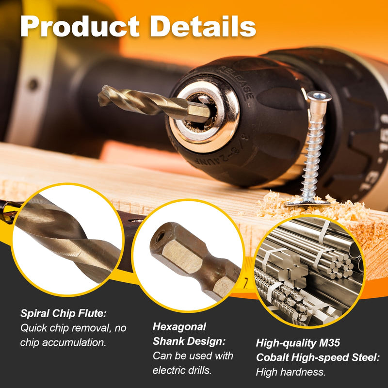 5 Pcs M35 Cobalt Stubby Drill Bit Set for Hard Metals and Stainless Steel, with 1/4" Hex Shank for Impact Drivers and Quick Chucks (5/32", 13/64", 9/32", 11/32", 3/8") 5/32" to 3/8" (5 Pcs)