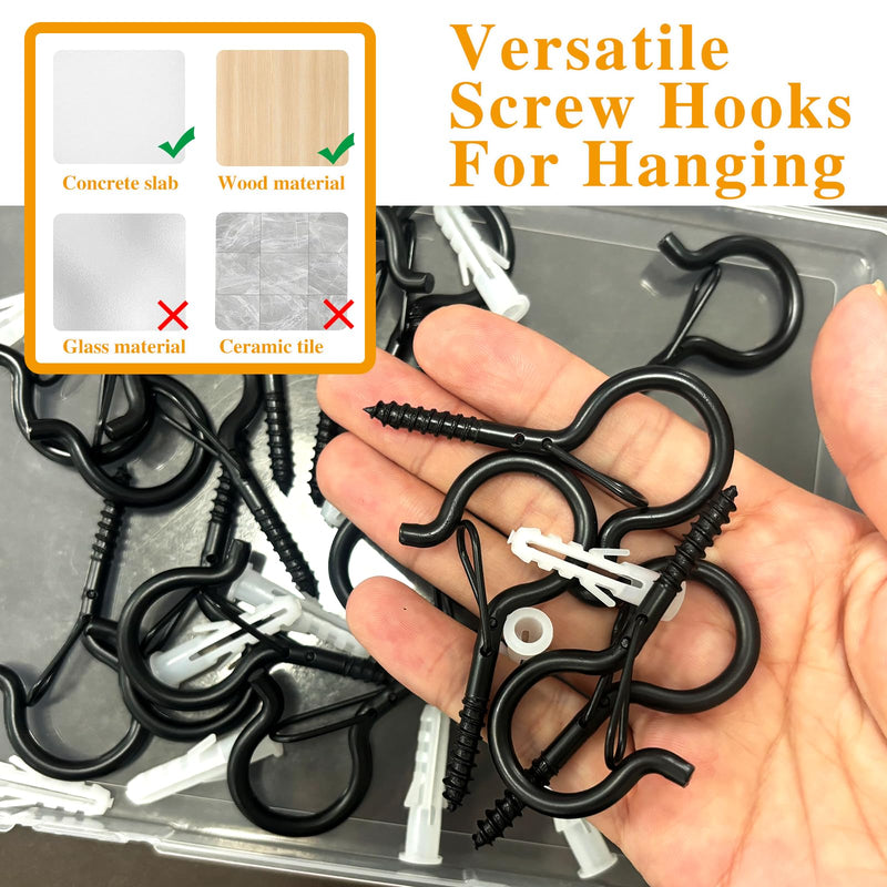 25 PCS Q Hanger Hooks with Safety Buckle, Windproof Screw Hooks for Hanging Outdoor String Lights, Christmas Lights,Cups, Decors,2.3 Inches, Black 25pcs