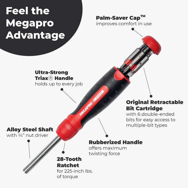 Ratcheting Screwdriver - 13-in-1 Multi Bit Screw Driver w/ ¼" Hex Shaft for Phillips, Star, Flat, Square Bit - Ratchet Screwdriver w/Retractable Cartridge - Multi Screwdriver Red