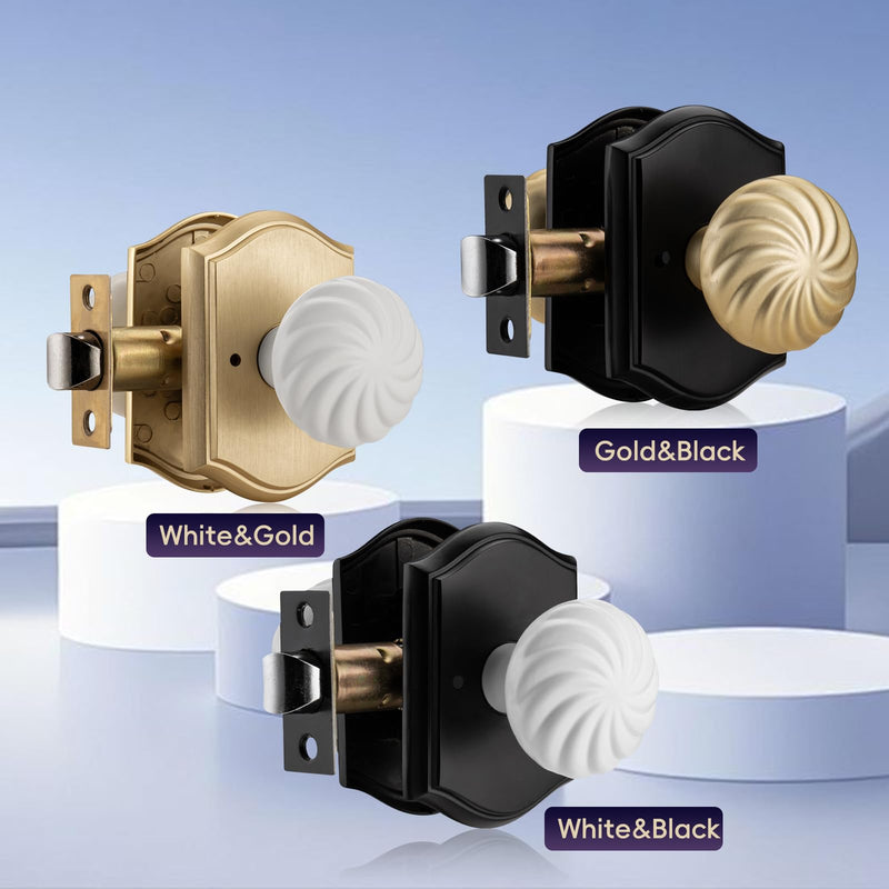 Brushed Gold Door Knobs Interior for Privacy Bath & Bedroom | Zinc Camelot Trim, Gold & White Flower Style