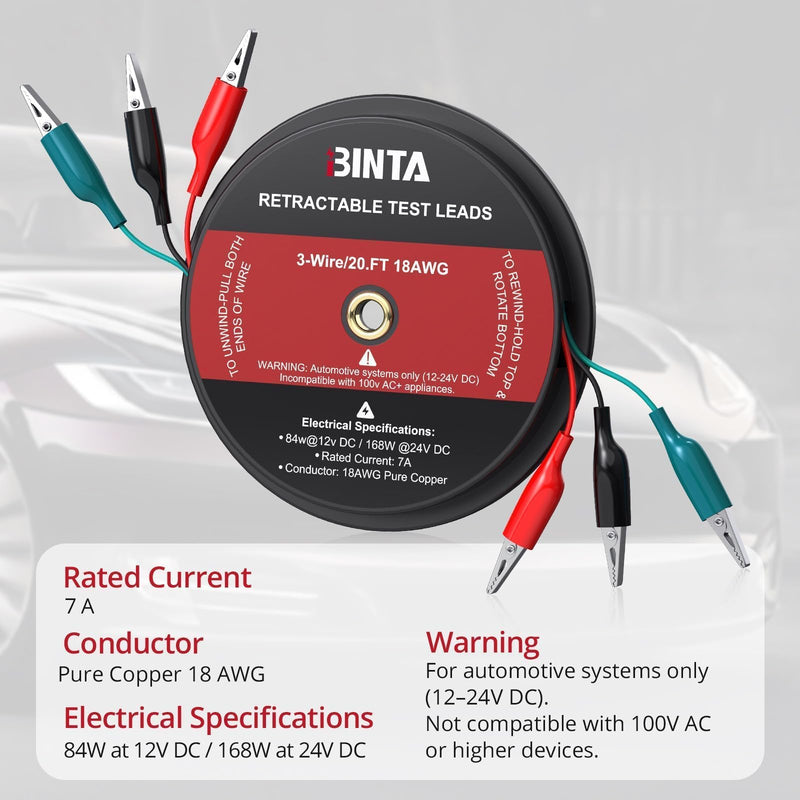 BINTA 3 Wire 20 Ft Retractable Test Leads, Red/Black/Blue Alligator Clip Test Leads, 18 AWG Gauge Wire for Electrical Testing, Cars, Trailers