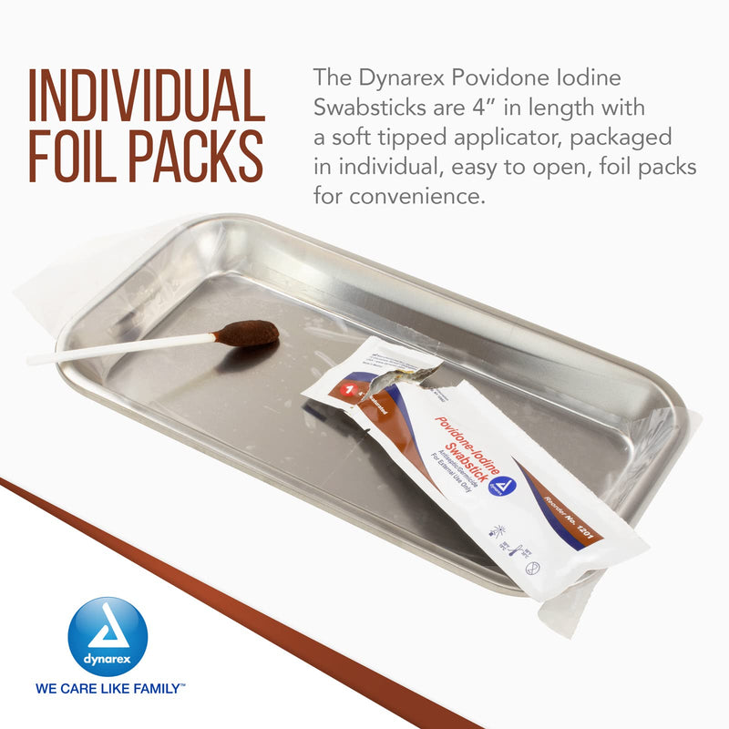 Dynarex Povidone Iodine Swabsticks, Swabstick Packaged in Individual Foil Pack, Antiseptic for Skin Preparation, Brown, 1 Box of 50 Povidone Iodine Swabsticks Unflavored 50 Count (Pack of 1)