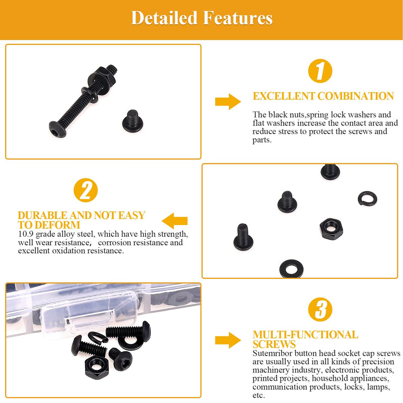 705 Pieces M2.5 Screws Nuts Washers Set Black, Sutemribor M2.5 x 4/6/8/10/12/16/20mm Button Head Socket Cap Screws Nuts Washers Assortment Kit, 10.9 Grade Alloy Steel, Fully Threaded M2.5 Screws Kit