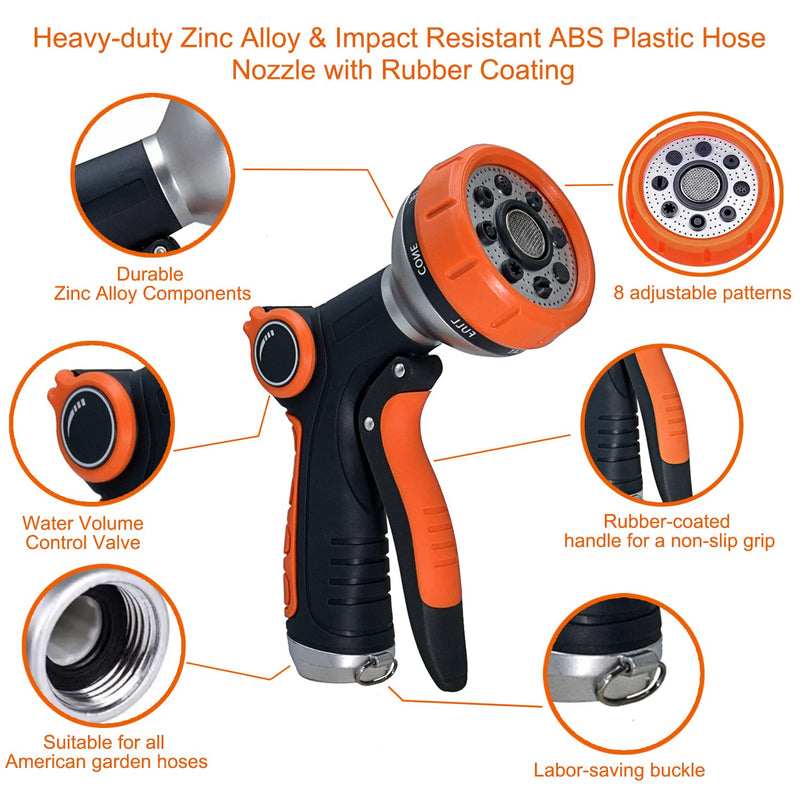 Garden Hose Nozzle Heavy Duty, High Pressure Adjustable 8 Patterns Metal Water Hose Nozzle Volume Control Valve Attachment Hose Sprayer Nozzle for Outdoor Garden Watering Car Washing Pet Showering Heavy Duty Metal