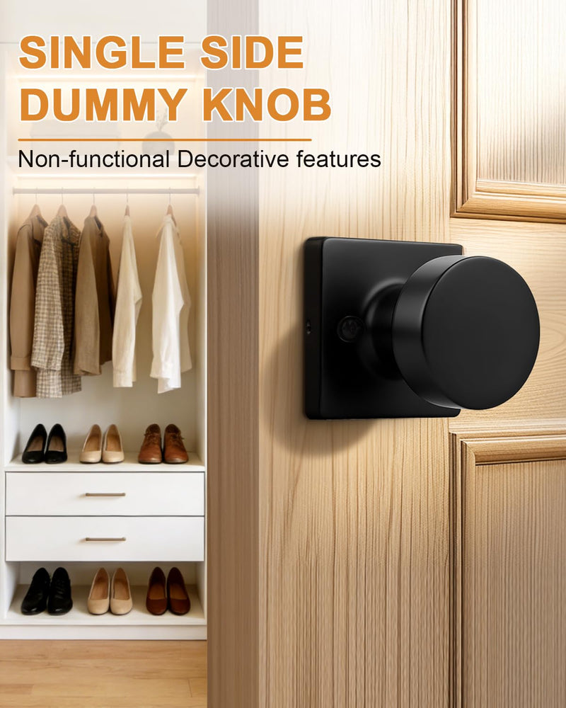 Probrico Matte Black Dummy Door Knobs Interior, Single Sided Dummy Door Handles for Closet 2 Pack, Standard Size Non-Turning Interior Flat Ball Knob Push/Pull Door Knob