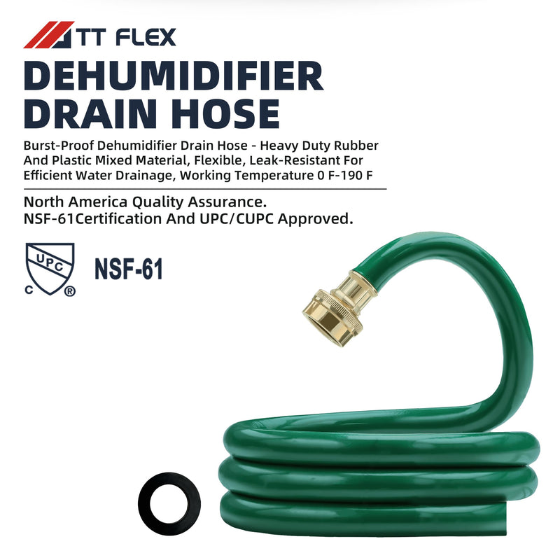 Burst-Proof Dehumidifier Drain Hose – 5 FT Green Rubber, 3/4" FHT, Heavy Duty, Flexible, Leak-Resistant for Efficient Water Drainage,CUPC and NSF-61 Certificated