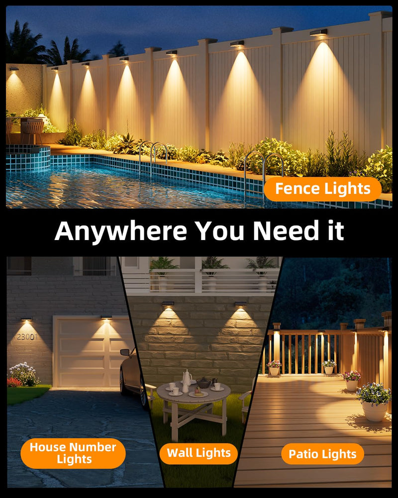 Solar Fence Lights Outdoor, 8 Pack, 50LM Ultra Bright, 3 Color Temperatures & RGB, IP65 Waterproof, Dusk-to-Dawn Solar Powered Fence Lights for Patio, Railing (Black) Black