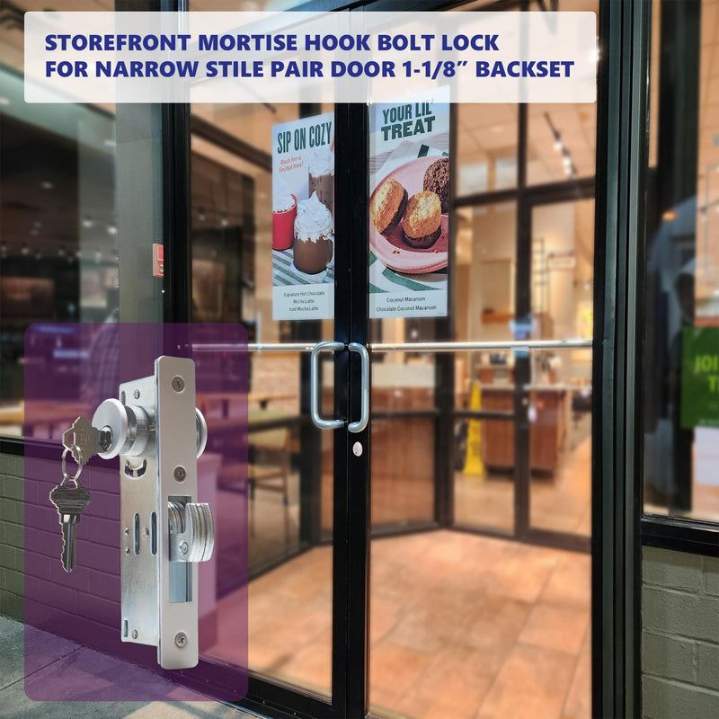 Storefront Commercial Aluminum Door Sliding Door | Mortise Hook Bolt Deadbolt Lock with Key Cylinder & Thumbturn | Hookbolt Key Thumbturn Combo, 1-1/8" Backset, Aluminum and Duronotic (AL)