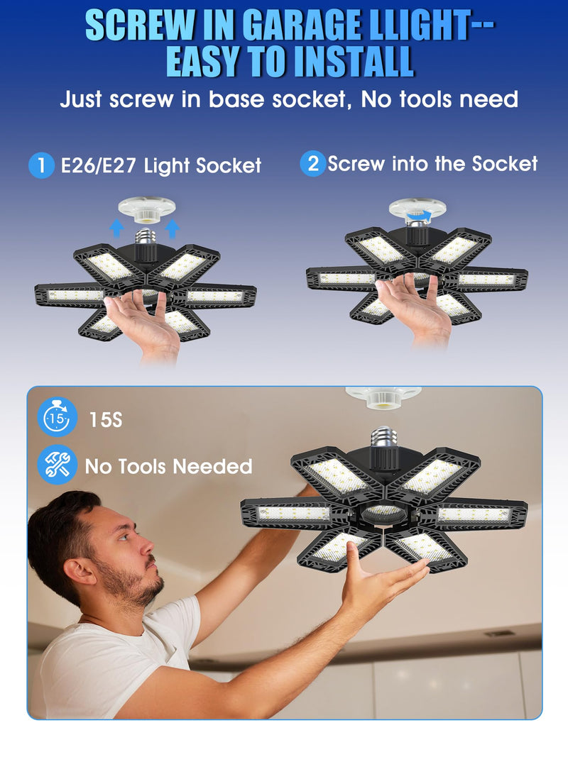 LED Garage Lights 1 Pack - 180W 18000LM Garage Lights Ceiling Led with 6 Adjustable Panels, 6500K Daylight Deformable Garage Lighting Bulb Fit E26/E27, LED Light for Garage Shop Barn Basement