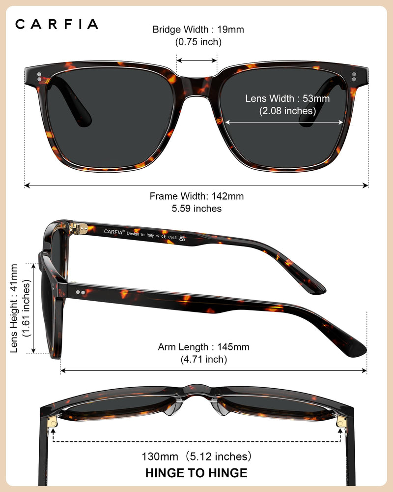 CARFIA Polarized Sunglasses for Women: Acetate, Small/Medium Size, UV400 Anti Glare CA5354 9 - Tortoise Frame Grey Lens Medium Face Frame Width 142mm