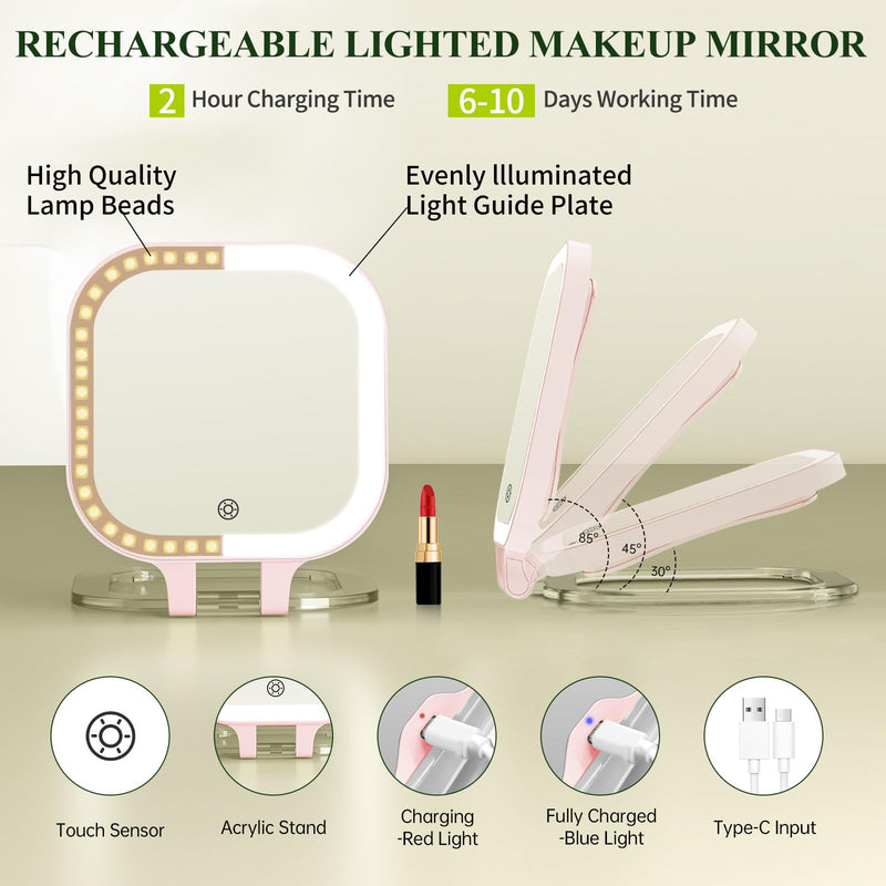 FUNTOUCH 30X Travel Magnifying Mirror with Light, 7" Rechargeable Double Sided Travel Vanity Mirror with Lights, 3 Color Lights & Adjustable Brightness, 300°Rotation, Gift for Women,Pink 7" Pink