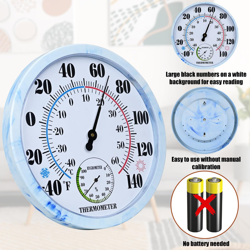 10 Inch Indoor Outdoor Thermometer Hygrometer Combo | Large Dial Analog Temperature Humidity Gauge, Wall Mount Weather Thermometer for Home Patio Greenhouse Garage Room