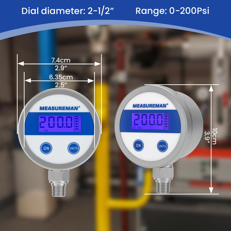 MEASUREMAN Economy Digital Pressure Gauge 2.5" Blue Backlit LCD, 0-200 PSI All Stainless Steel Case 1/4" NPT Connection 1% Accuracy 0-200psi
