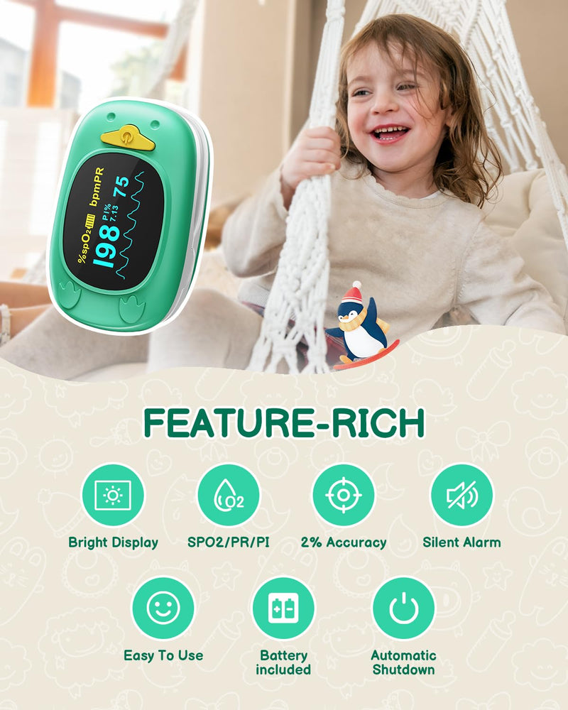 Pulse Oximeter For Kids-HOLFENRY Baby Oxygen Monitor Fingertip For Children Kids Pulse Oximeter Fingertip, Large Display, Included with AAA Battery Green