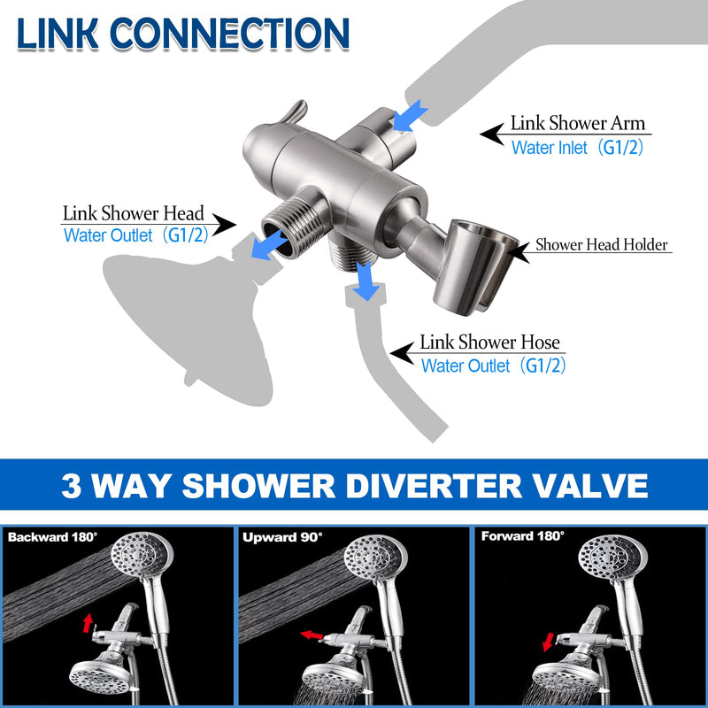 Shower Arm Diverter with Handshower Mount, G1/2 Brass Shower Diverter Valve Bathroom Universal Shower System Replacement for Handheld Shower and Fixed Shower Head, Brushed Nickel