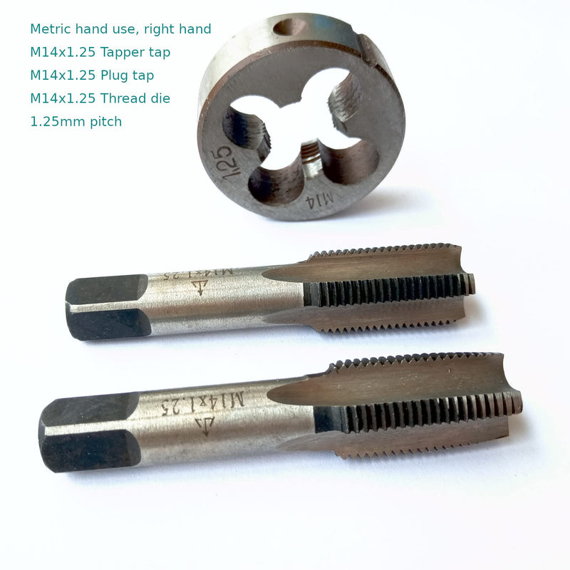 M14x1.25 Metric Hand Thread Tap and Die, 1 Tapper Tap, 1 Plug Tap, 1 Round Die, 1.25mm Pitch, Right Hand (M14x1.25, Tap&Die) M14x1.25