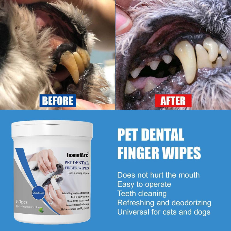 Dog Dental Finger Wipes for Teeth Cleaning Plaque Off, Dental Care for Dogs & Cats, Stain & Tartar Remover for Teeth, Finger Toothbrush Wipes, Fresh Breath & Gum Care with Zinc + Green Tea - 50pc