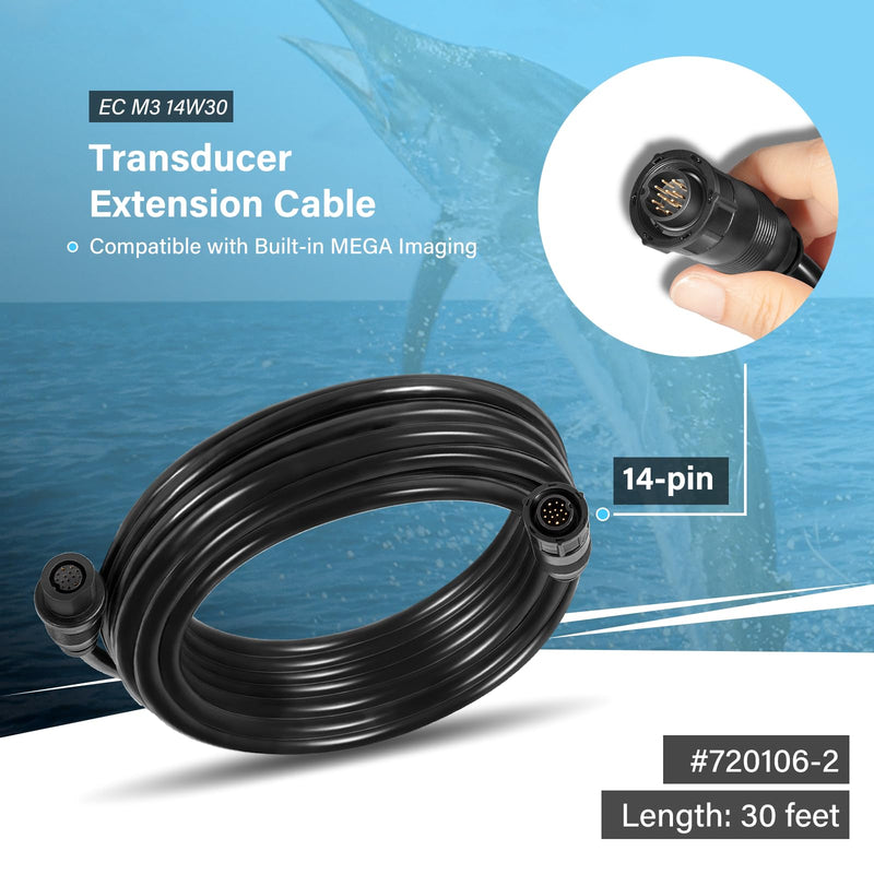 720106-2 EC M3 14W30 Transducer Extension Cable 14-pin Fit for Humminbird APEX XPLORE SOLIX and Onix Series Fish Finder Compatible with Built-in MEGA Imaging (30 Feet) 30 Feet