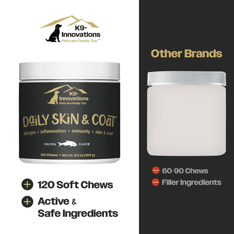 K9-Innovations - Daily Skin & Coat Dog Chews Salmon Flavor - Reduce Itching & Paw Chewing, Omega 3 & VIT C for Skin Health - 1-4 Month Supply (120qty)