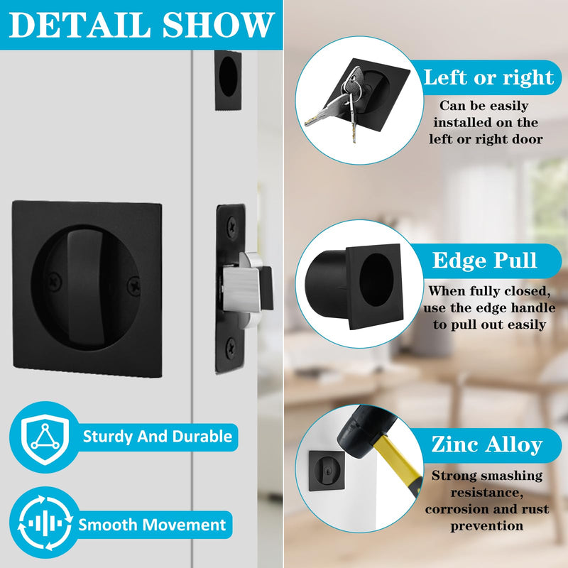 Pocket Door Hardware Matte Black Pocket Door Lock with Keys Contemporary Flush Pocket Door Latch and Edge Pull for Bed/Bath/Kitchen/Barn Door (2-3/8" Backset, for 1 3/8" to 2 3/16" Thickness Door) Square60