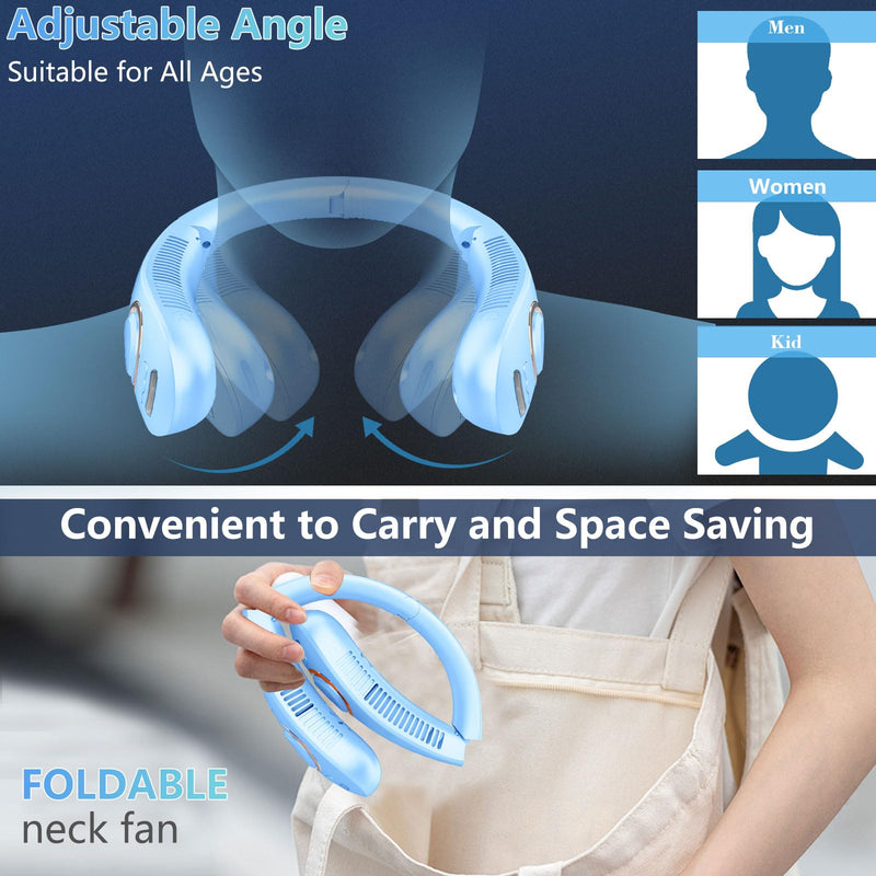 Neck Fans Portable Rechargeable-Foldaway Neck Fan with Mist,Personal Fan for Neck Wearable Hanging around,Cordless Neck Coolers for Female Male Kids Dad Mom Extremely Hot Weather Indoor Outdoor Blue