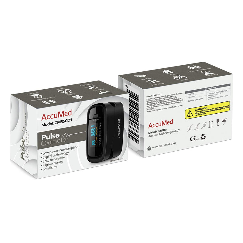 AccuMed CMS-50D1 Fingertip Pulse Oximeter Blood Oxygen Sensor SpO2 for Sports and Aviation. Portable and Lightweight with LED Display, 2 AAA Batteries, Lanyard and Travel Case (Black)