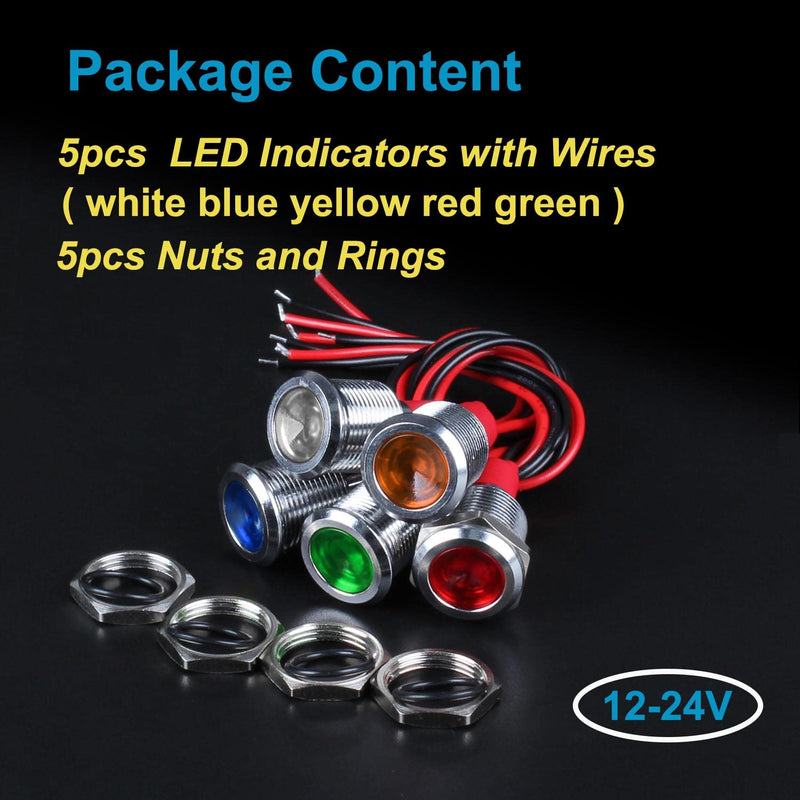 5Pcs 12V-24V Energy Saving LED Indicator Light Mounting Hole 12mm (0.47") 20mA Waterproof Wide Flat Head Signal Lamp Pilot Dash Directional with Wire (Mixed Color: White Red Yellow Blue Green) Mix