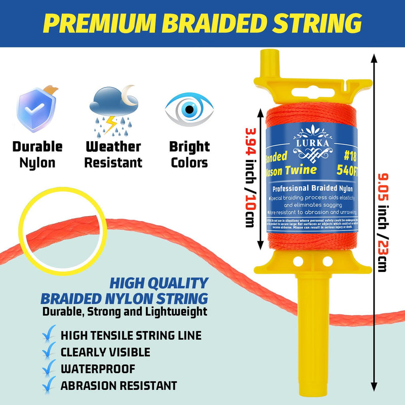 LURKA Mason Line String,#18 540 Feet Braided Construction Nylon Line with 5 Built-in Levels and Spool Fluorescent Orange String Line for Precision Work, DIY, and Gardening Projects