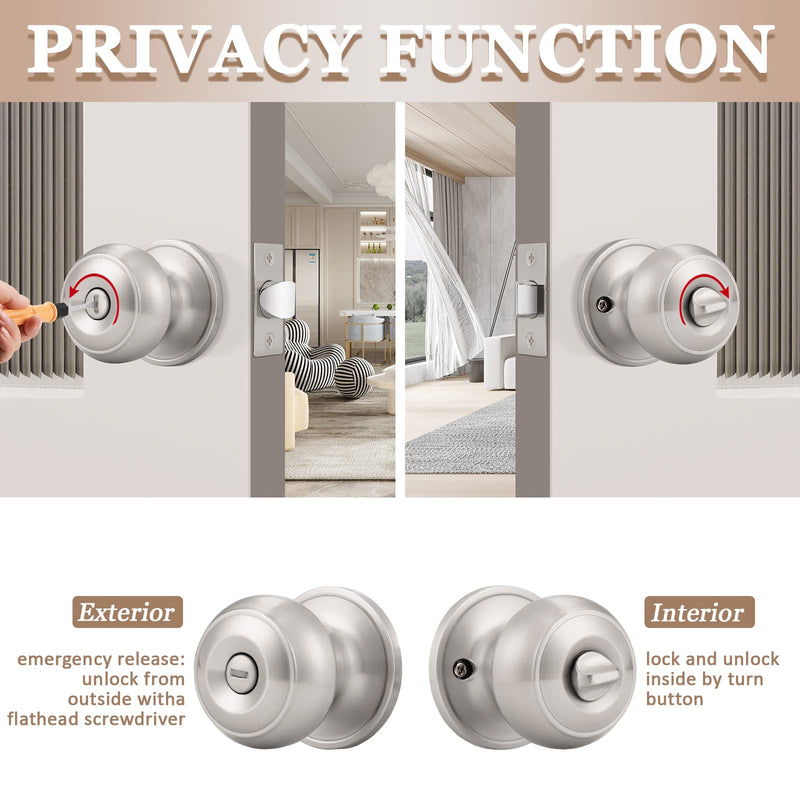 Probrico 6 Pack Round Privacy Door Knob(Thumb Turn Lock on The Inside), Keyless Doorknobs Interior/Exterior Lockset,Privacy Knobs for Bedroom/Bathroom,Satin Nickel Modern Design Door Hardware Satin Nickel