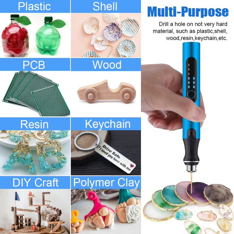 3-Speed Cordless Mini Drill Pen With 8 Small Drill Bits,Rechargeable Electric Hand Drill Pin Vise,Resin Drill Set For Jewelry Making,Resin,Plastic,Wood,Keychains DIY (BLUE) Blue