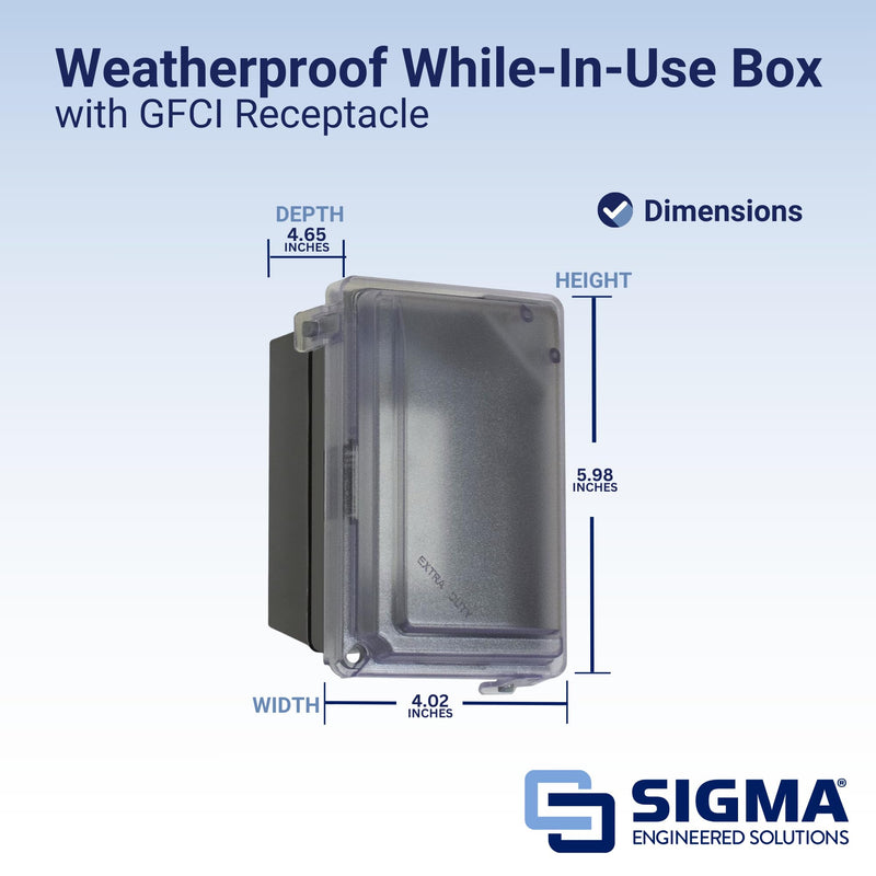 16801 Non-Metallic Weatherproof Outdoor Electrical Outlet Kit w/Extra Duty Cover, Box and 15 Amp GFCI Receptacle, IN-USE, Clear/Gray, 1 Gang, Lockable with Patented Hinge