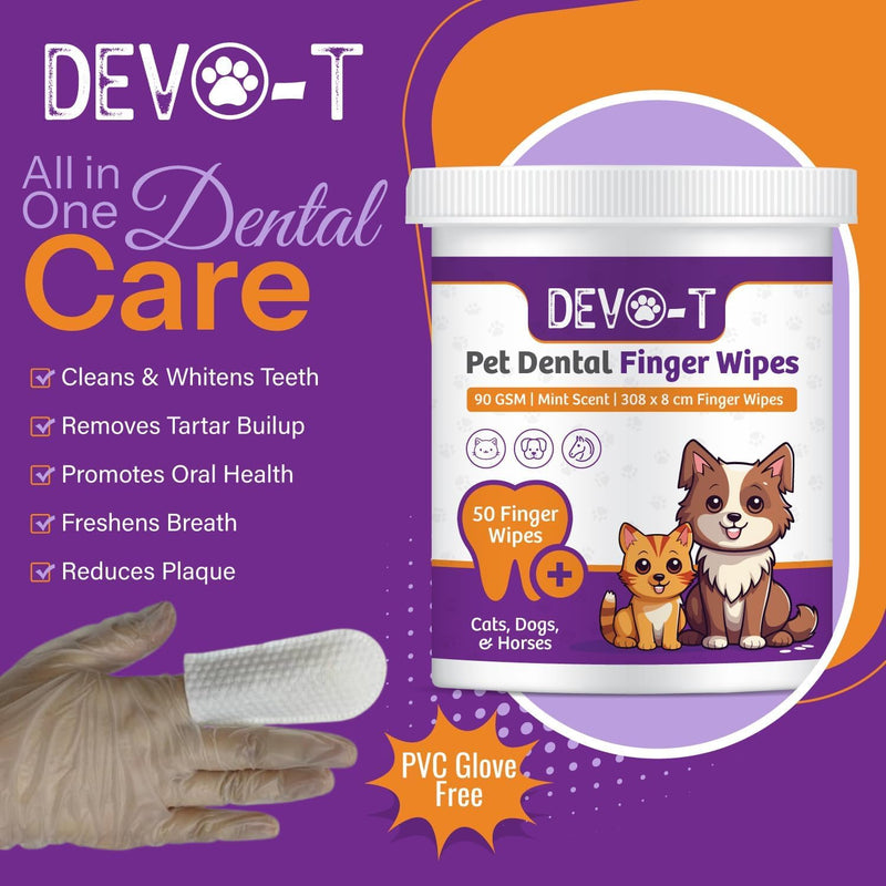 DEVO-T 100% Natural Dog Teeth Cleaning Wipes Mint Scented | 50 Count | Pet Teeth Cleaning Finger Wipes for Dogs, Cats & Horses | Remove Bad Breath, Plaque & Tartar Buildup | Dog Dental Wipes Finger