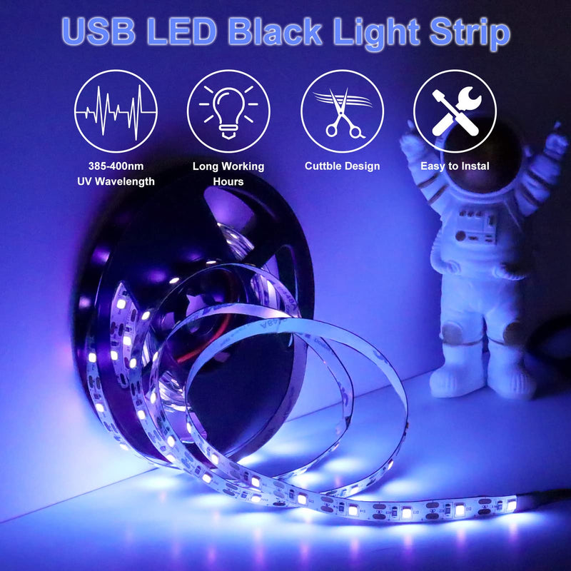 YGS-Tech 16.4FT UV Black Light LED Strip, 3528 385nm-400nm USB UV Light Strip, Non-Waterproof Blacklight Strip with Battery Box, for Fluorescent Dance Party Body Paint(2 Pack) Black Lights Strip