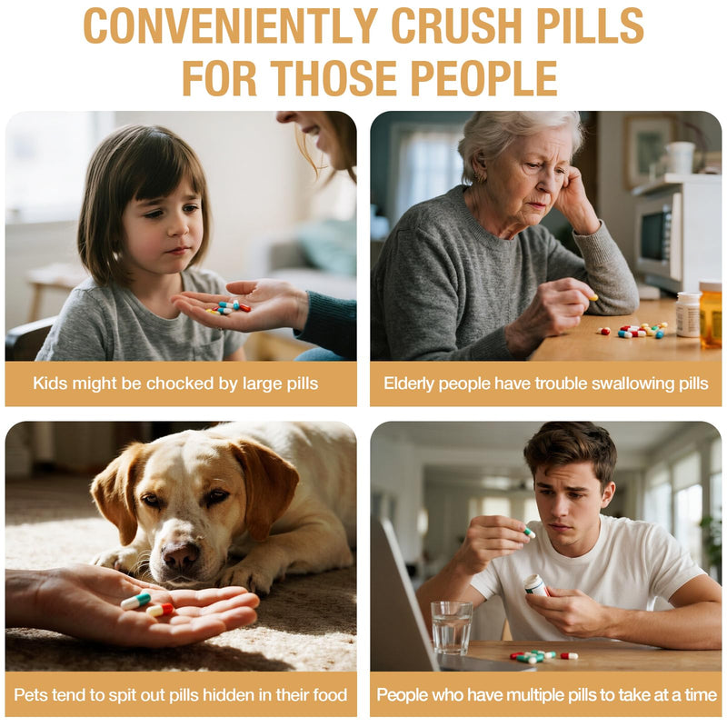 Small Portable Pill Crusher Grinder to Fine Powder for Elderly - Crushes Multiple Pills, Small and Large Medication and Vitamin Tablets - Great for Feeding Tube, Kids, Pets - Ideal for Travel (Wood) Wood